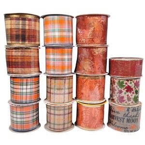 Fall Wire Edged Ribbon Lot of 15 47 Yds Autumn Harvest Thanksgiving Wreath Craft